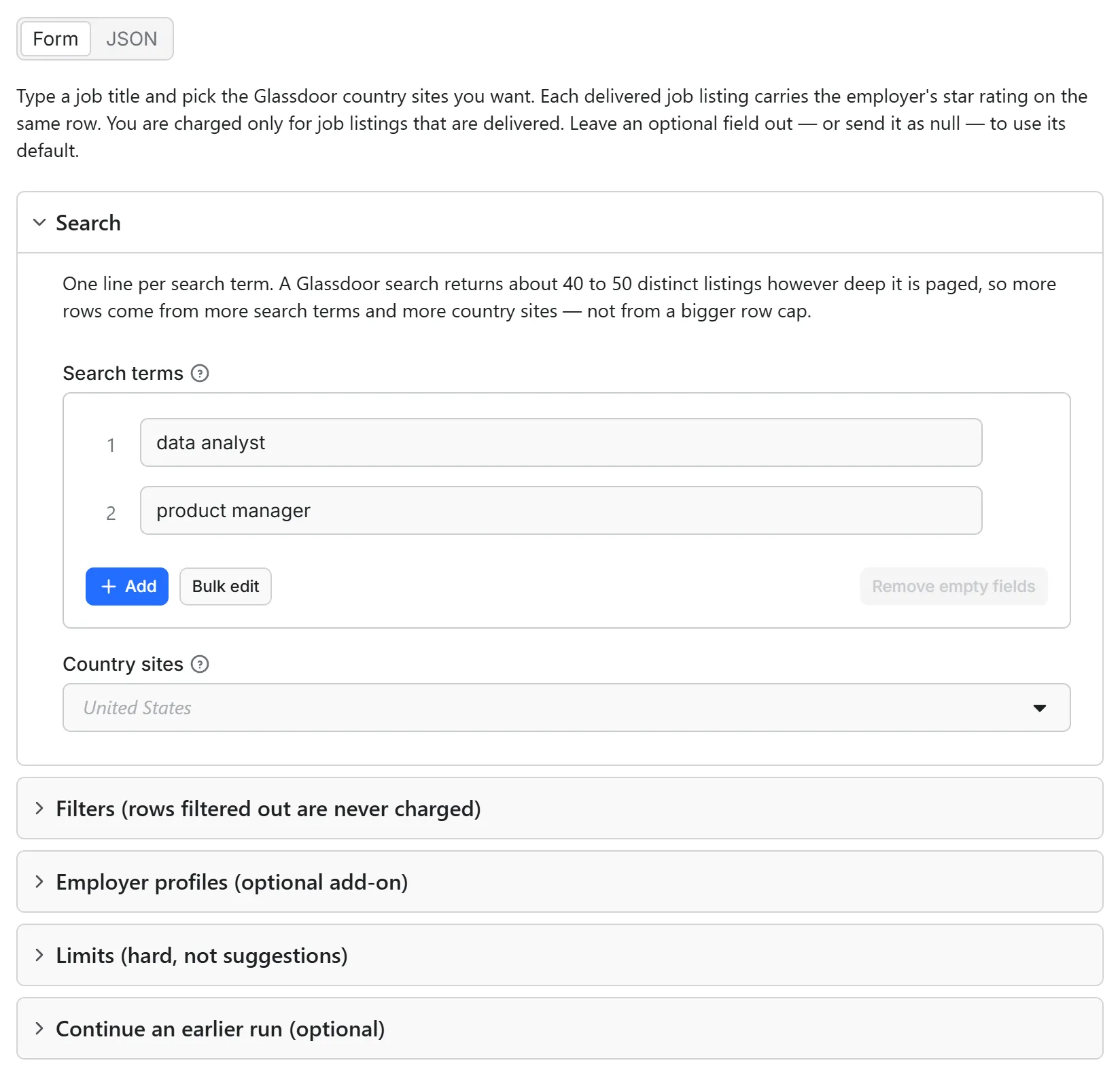 Glassdoor Jobs Scraper input form in the Apify console: search terms, country sites, and the filters, employer profiles, limits and continue sections
