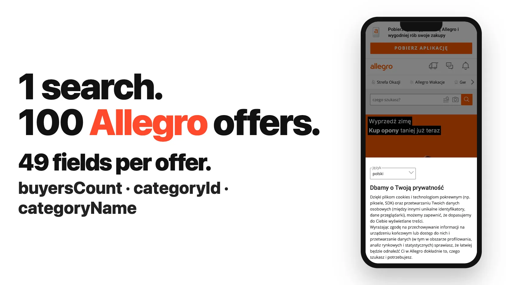 1 search. 100 Allegro offers. 49 fields per offer.