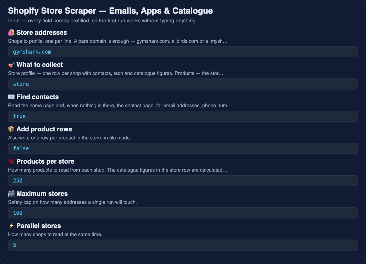 Shopify Store Scraper input form: store URLs, mode, contacts and catalogue switches