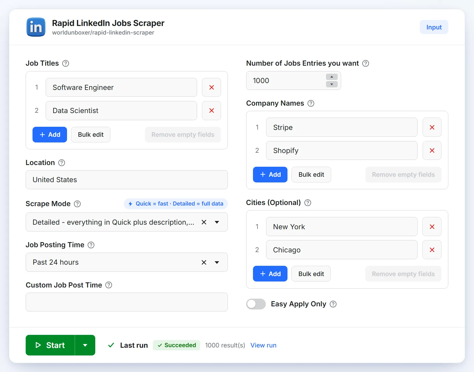 Rapid LinkedIn Jobs Scraper input form in Apify Console: job titles, location, scrape mode, filters and Start button