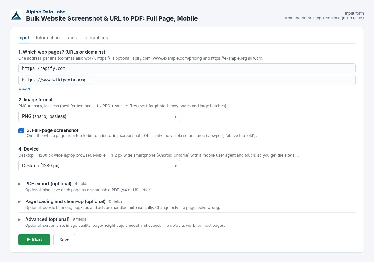 Bulk website screenshot and URL to PDF input form: URLs, full page, mobile and format