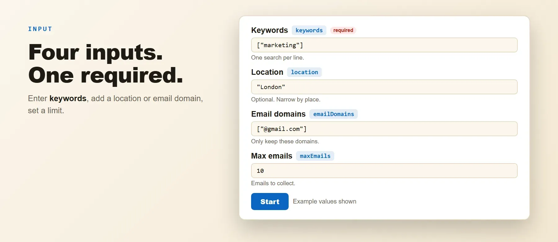 Crunchbase Email Scraper input: keywords, location, email domains and max emails