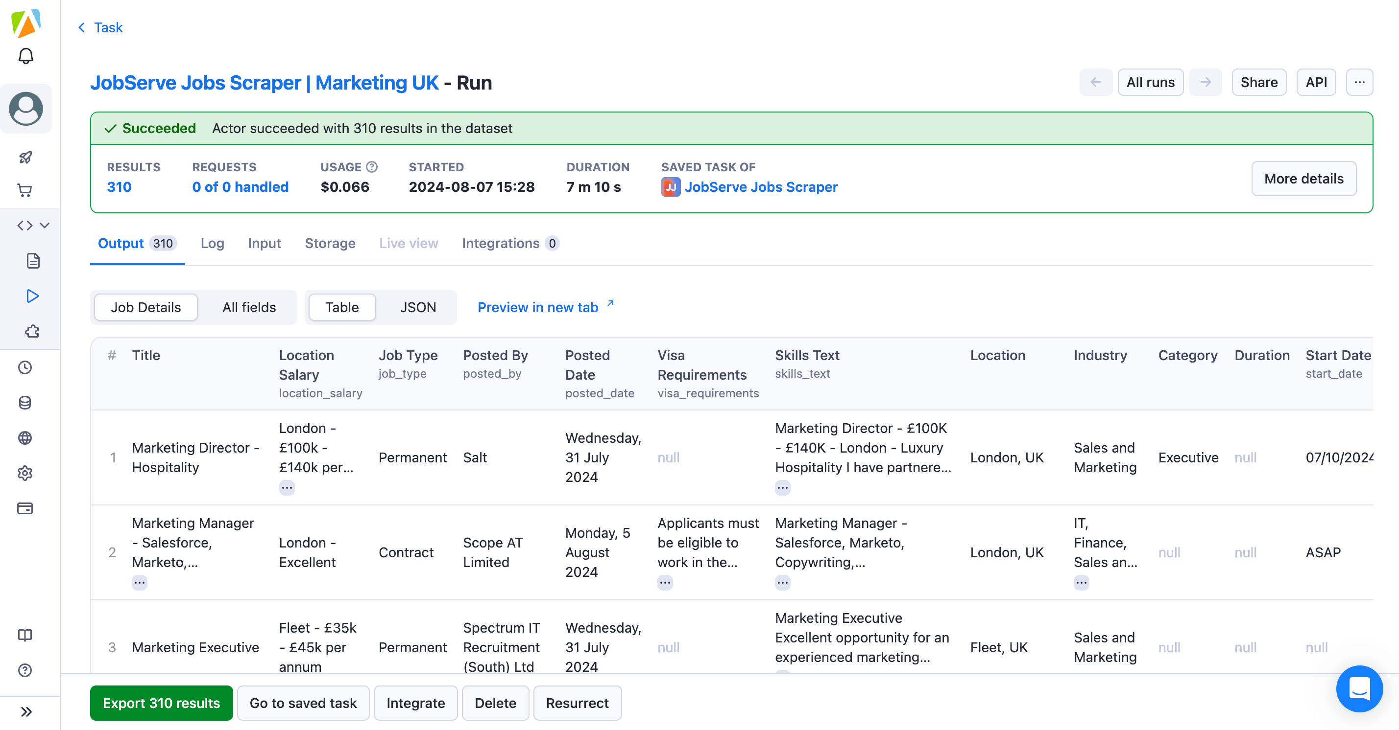 Download the results of your JobServe scrape into ready to analyse format