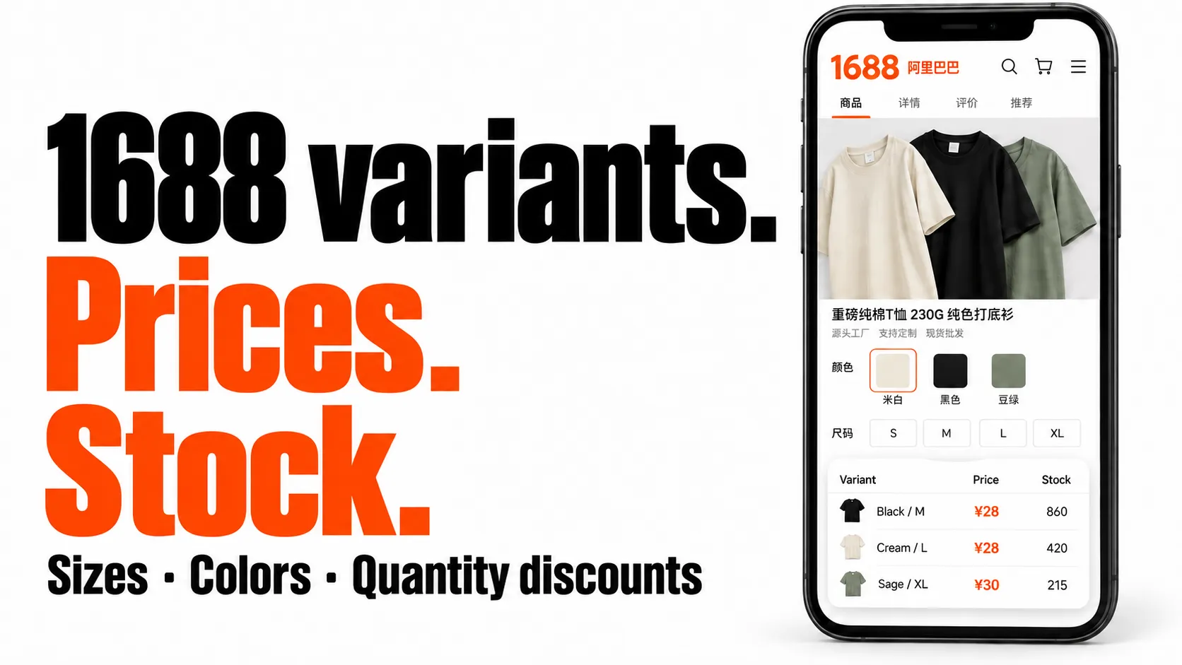 1688 variants. Prices. Stock. Sizes, colors and quantity discounts.