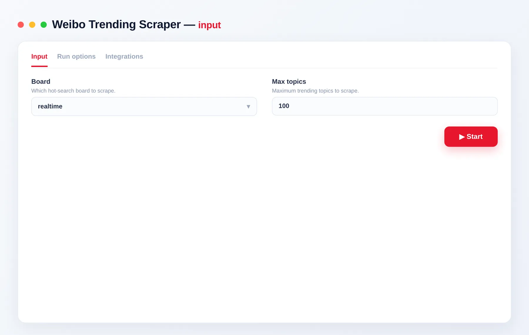 Weibo Scraper input — options in the Apify Console