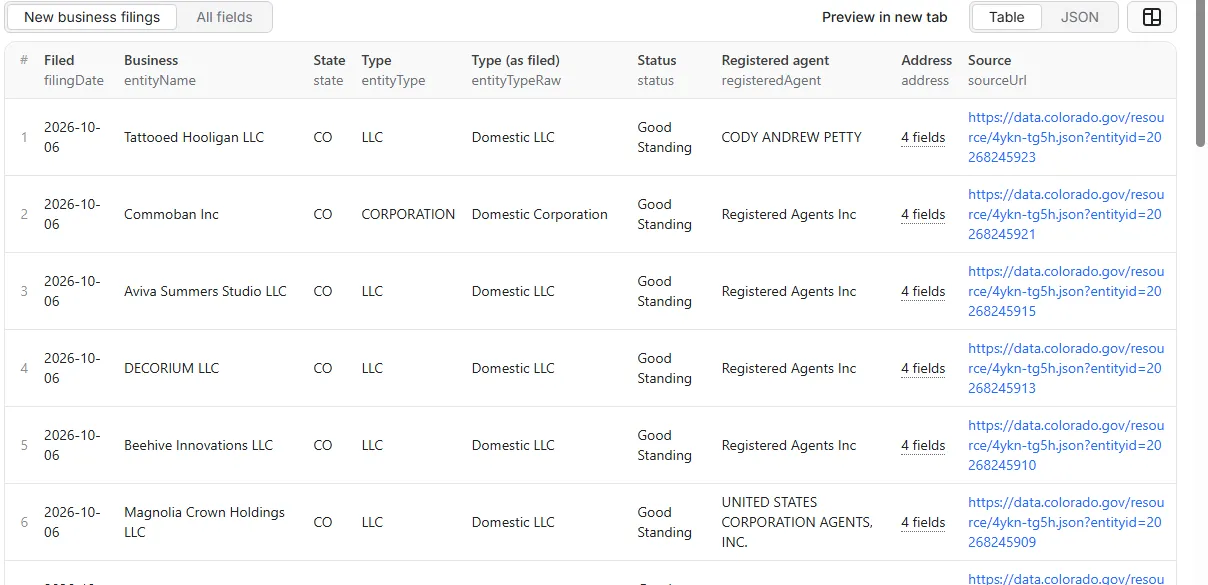 New Business Filings sample output table