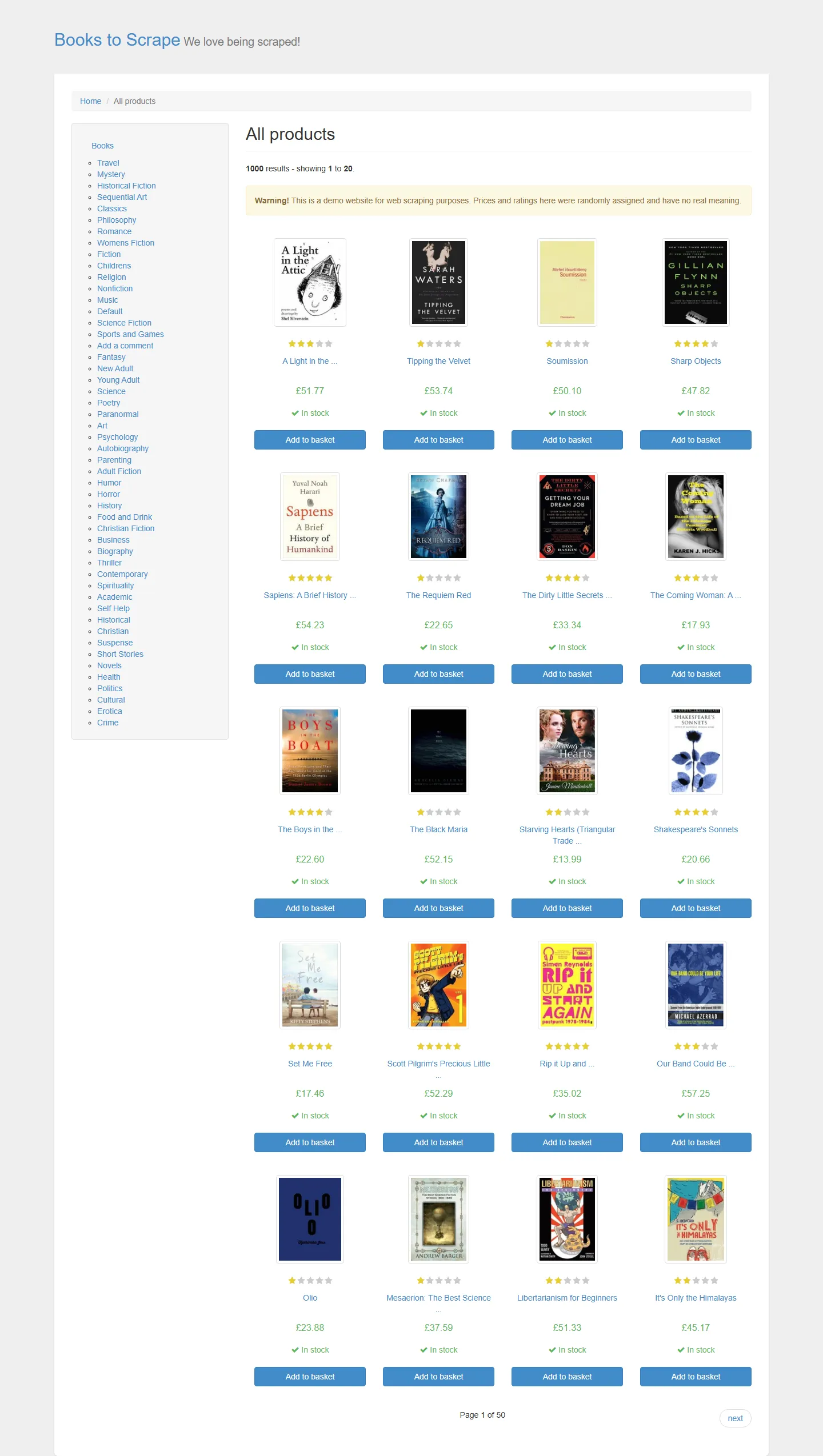 Full-page screenshot of books.toscrape.com