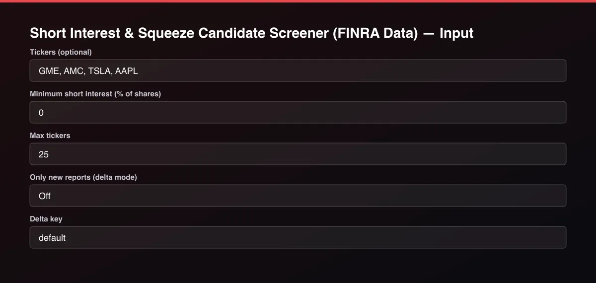 Short Interest & Squeeze Candidate Screener (FINRA Data) input form