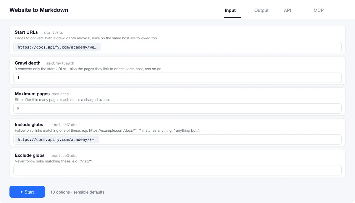 Website to Markdown input form