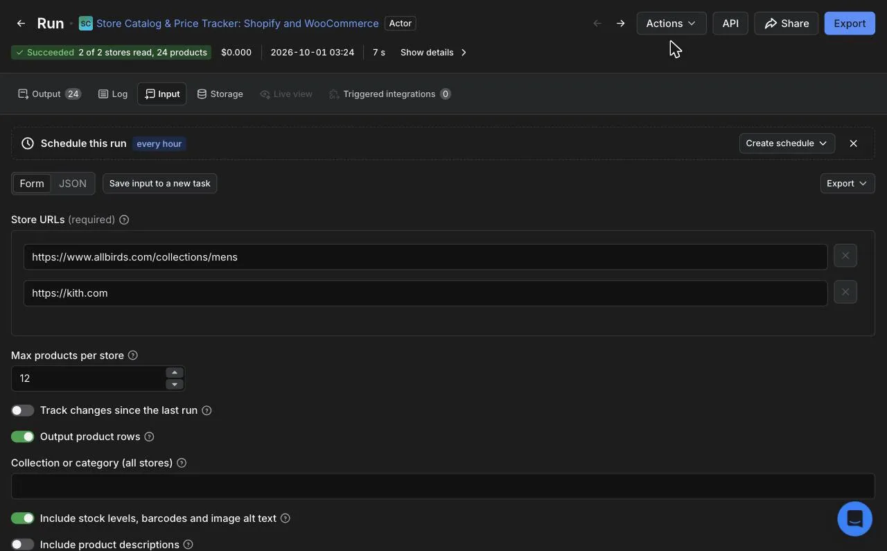 The Actor's input form in Apify Console: store URLs, max products per store, change tracking and options