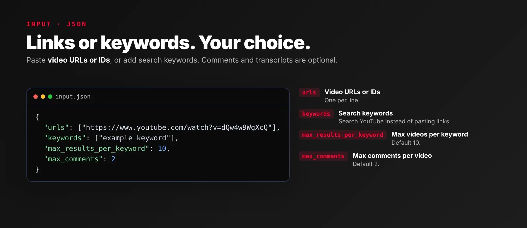 Input fields of the YouTube Metadata Scraper