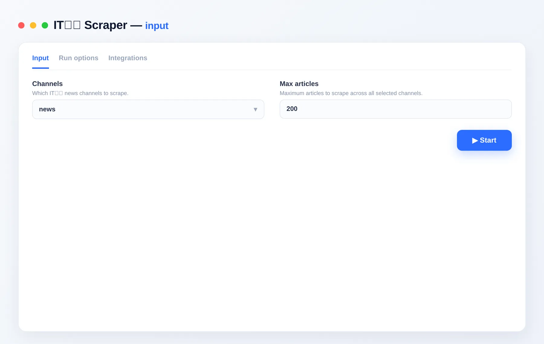 IT Home Scraper input — channels and options in the Apify Console