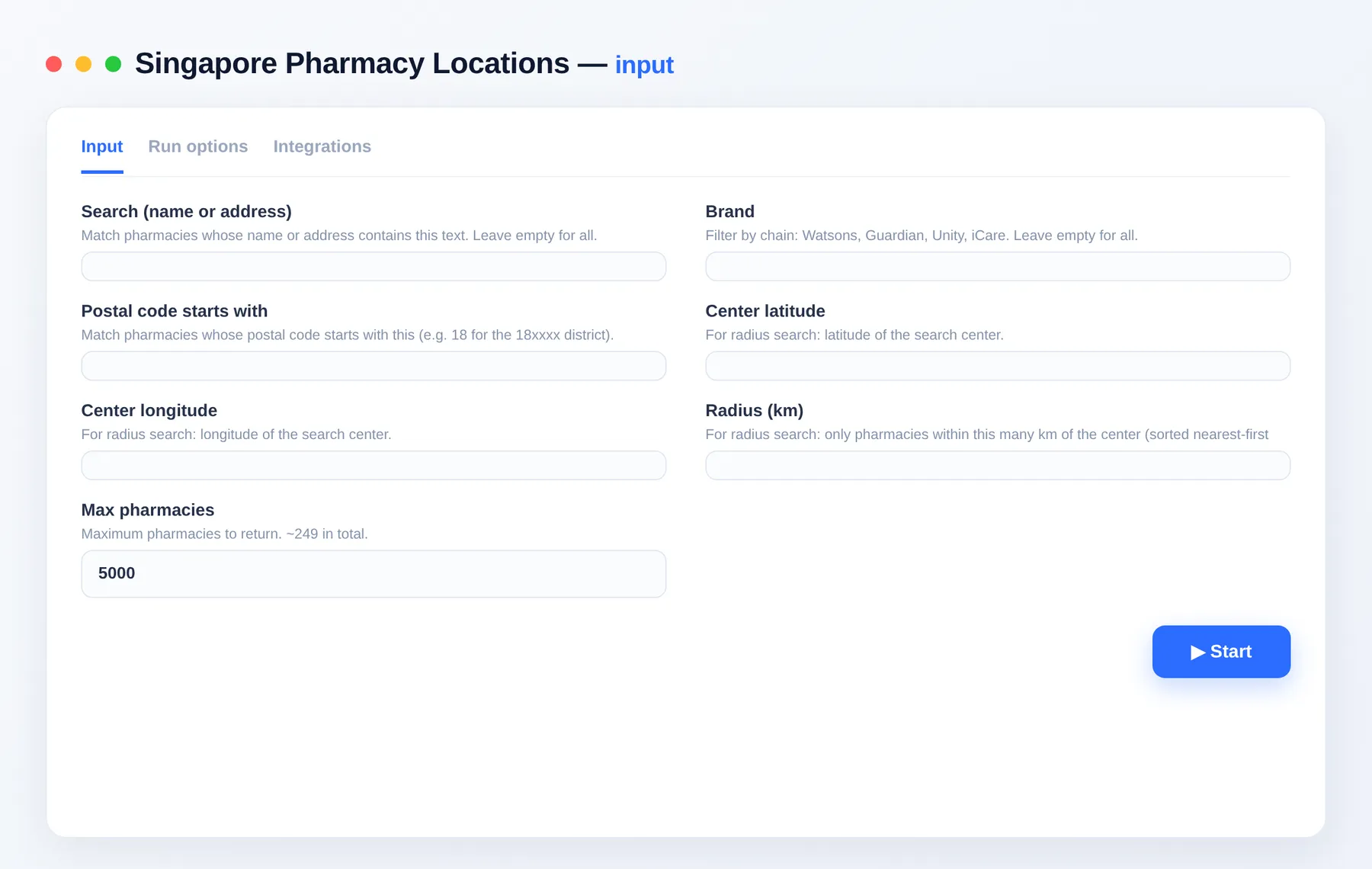 Singapore Pharmacy Locations Scraper input — brand, postal code and radius filters in the Apify Console