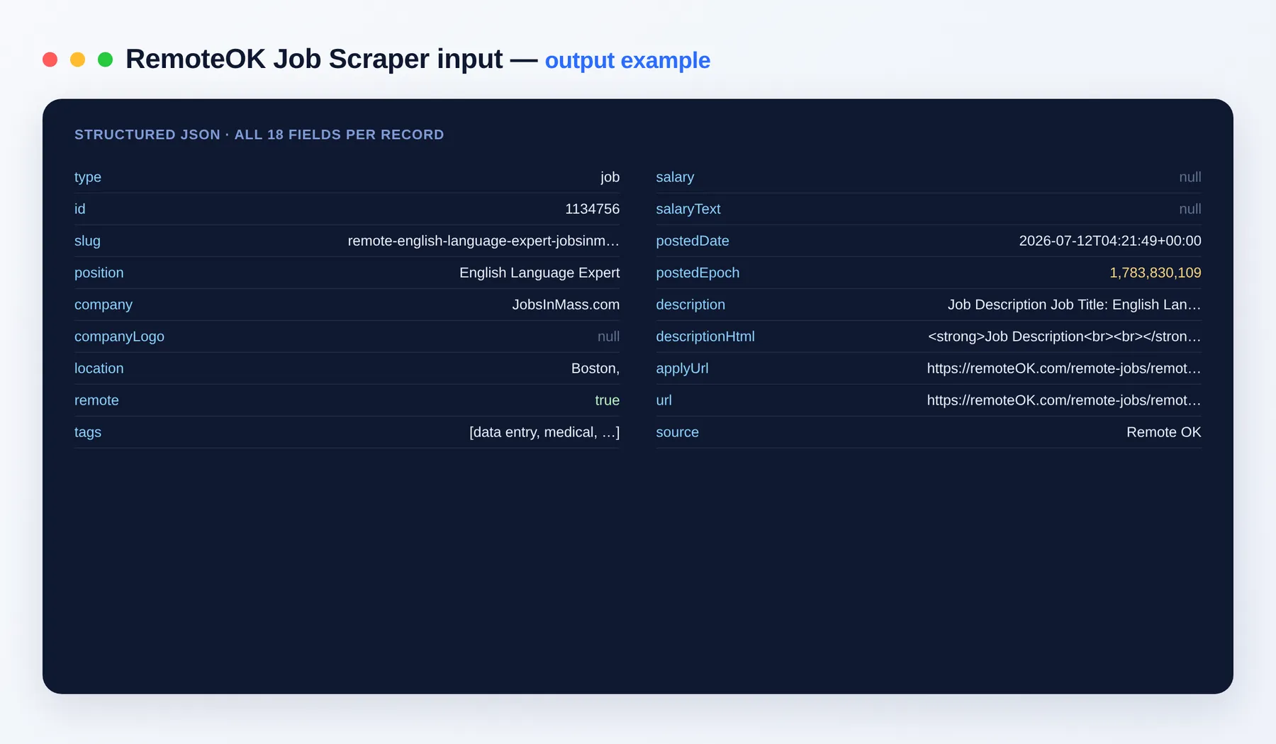 RemoteOK Job Scraper output example — remote jobs with company, tags and salary as structured JSON