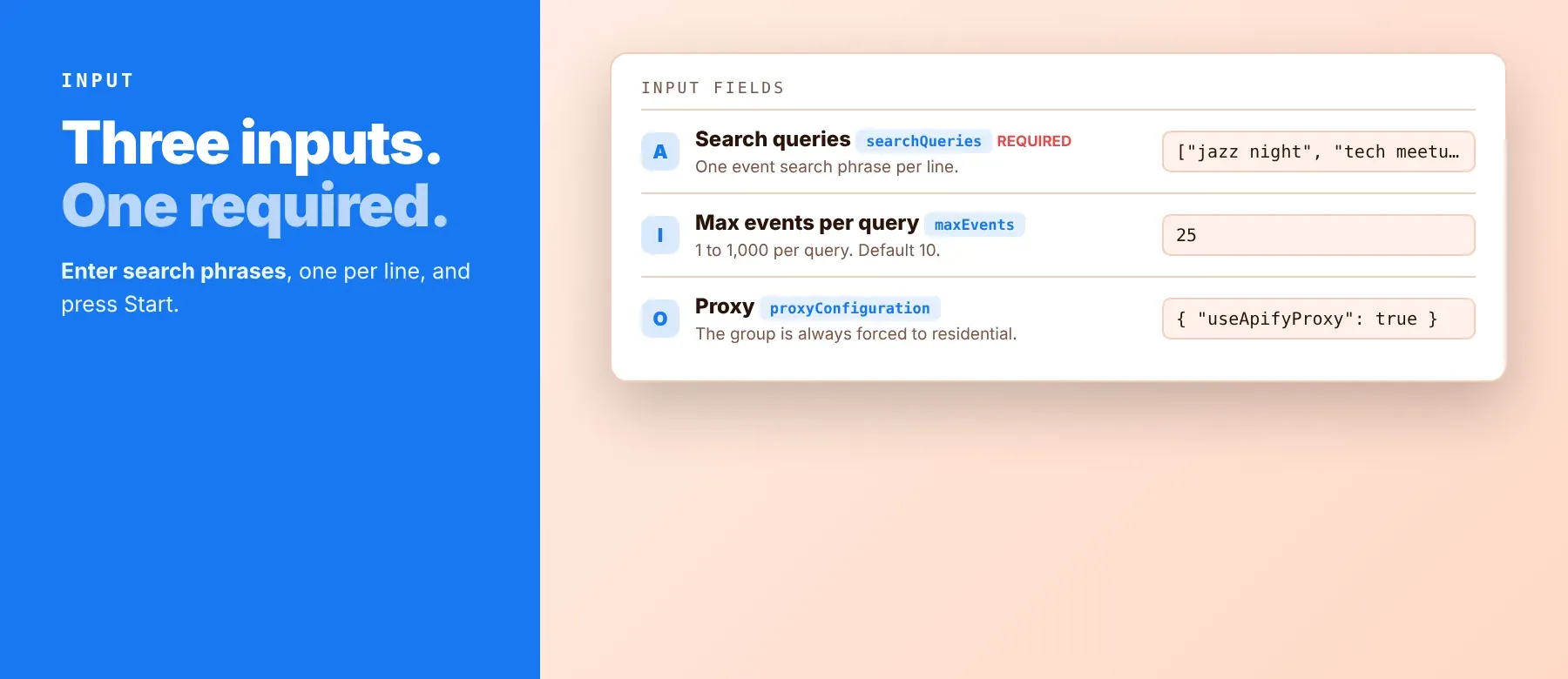 Facebook Events Scraper input: searchQueries, maxEvents and proxyConfiguration