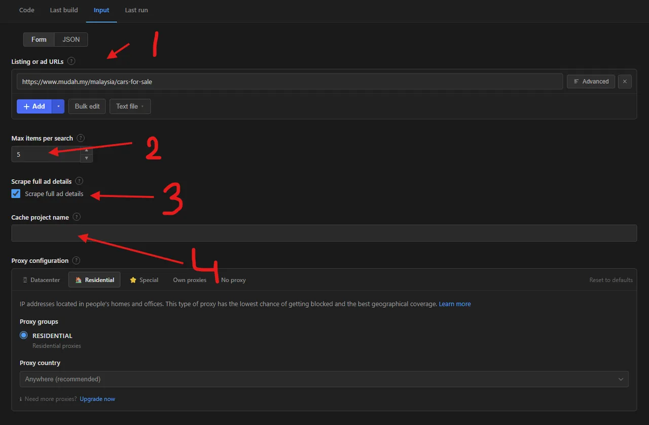 Mudah.my classifieds scraper input form with the Listing or ad URLs, Max items per search, Scrape full ad details, and Cache project name fields marked 1 to 4