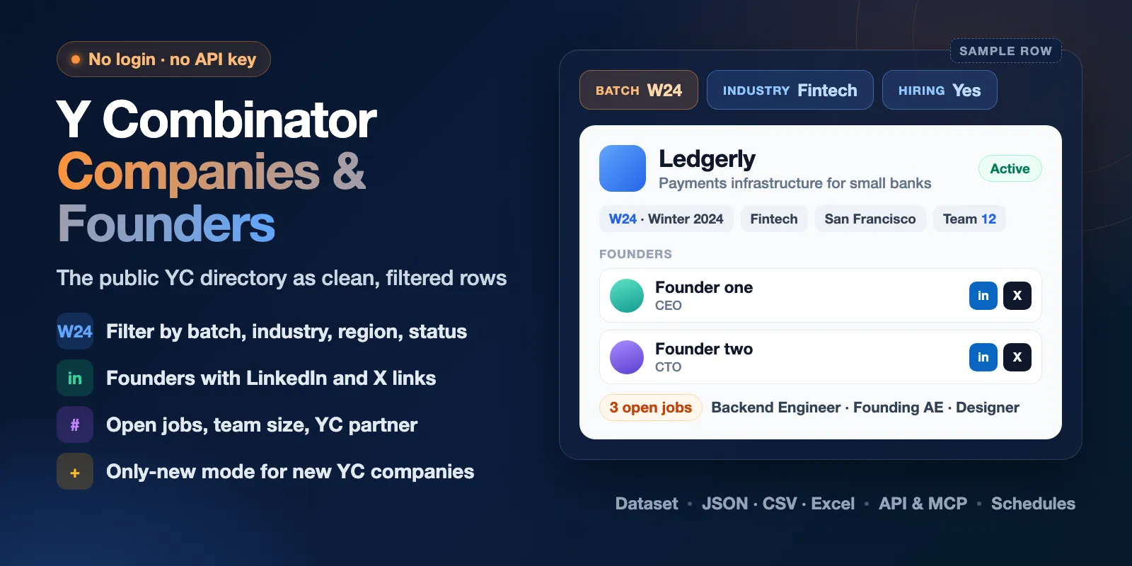 YC Companies Scraper: filter the Y Combinator directory by batch, industry and hiring, and get companies with founders, LinkedIn and X links and open jobs
