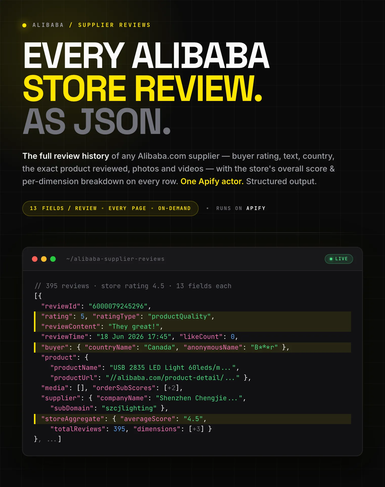 Alibaba supplier review scraper: store reviews, buyer ratings, and per-dimension store breakdown as JSON