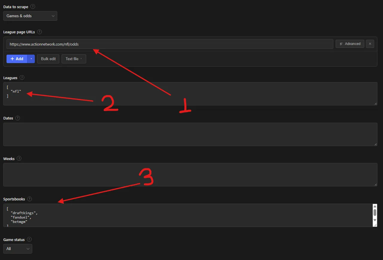 Action Network odds scraper input form with the league page URL, leagues and sportsbooks fields marked 1, 2 and 3