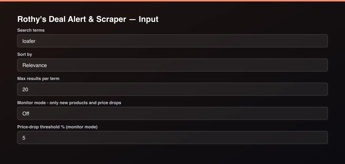 Rothy's Deal Alert & Scraper input form