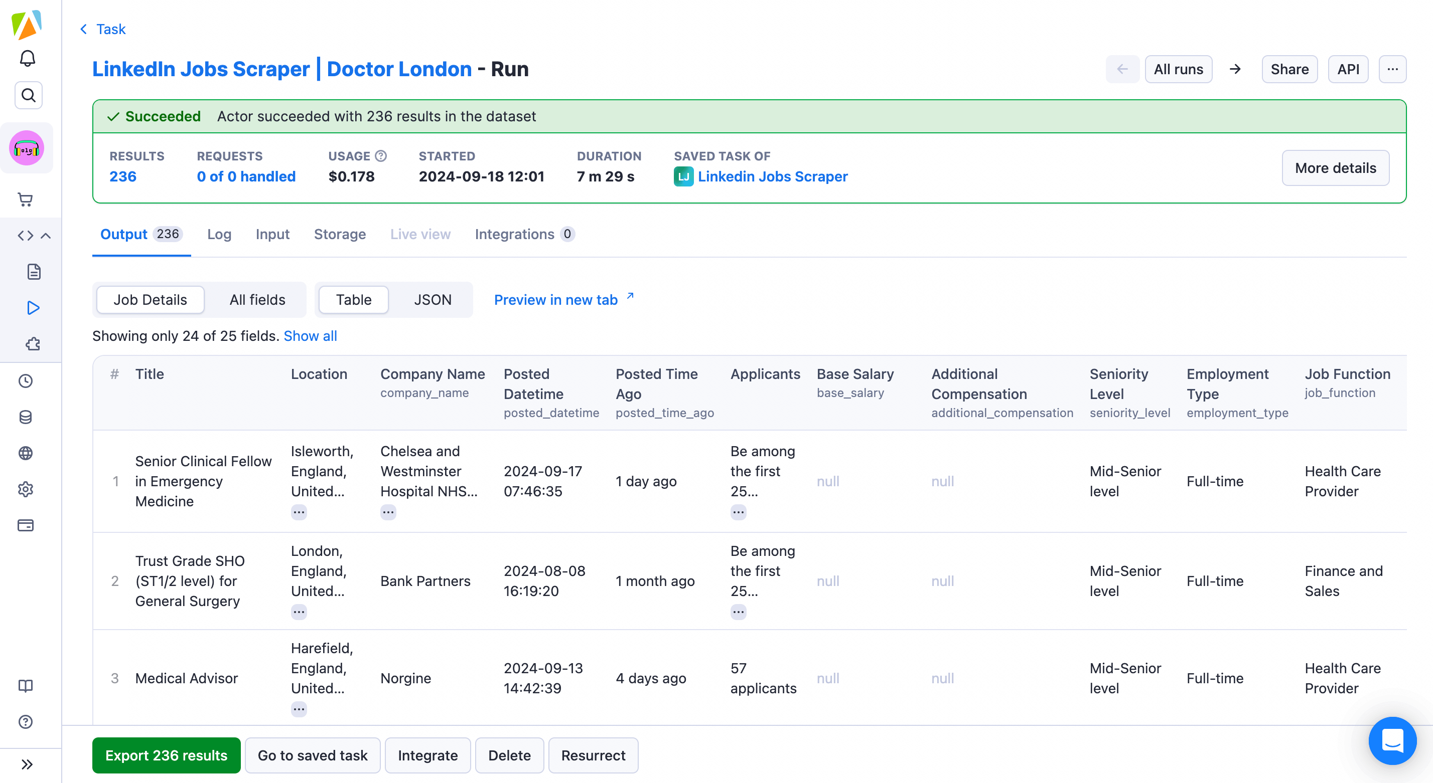 Example of Jobs Scraped Output from the LinkedIn Jobs Scraper