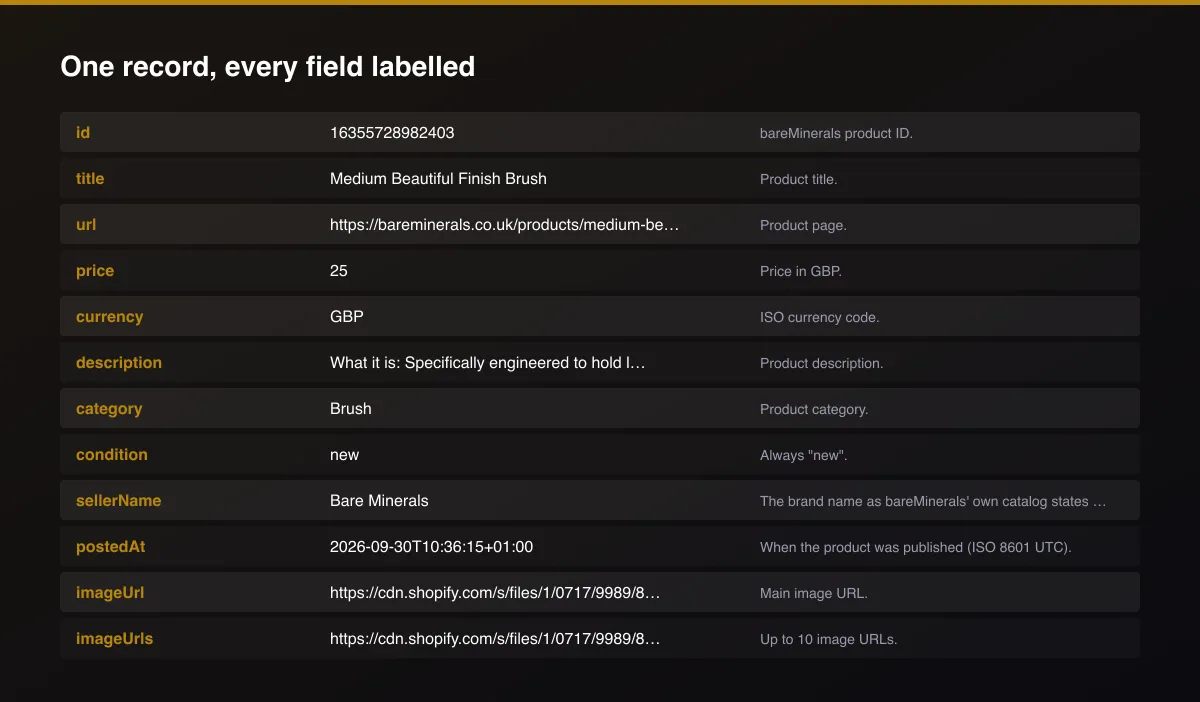 bareMinerals Deal Alert & Scraper field map of one record