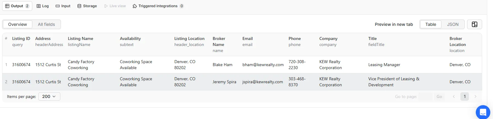 Apify dataset table view showing LoopNet broker contacts