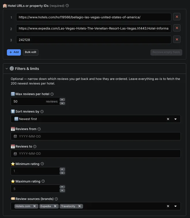 Input tab - hotel URLs plus filters & limits