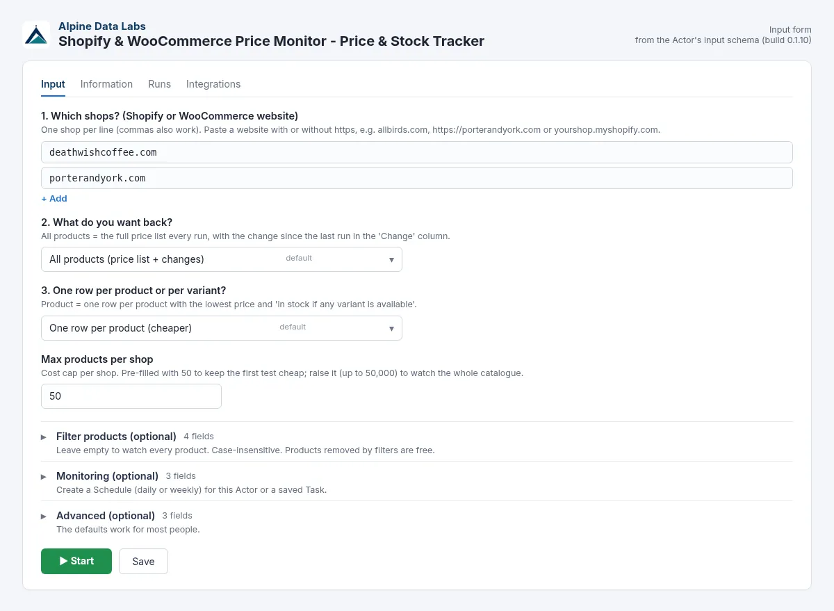Shopify and WooCommerce price monitor input form: shop URLs, alerts and limits