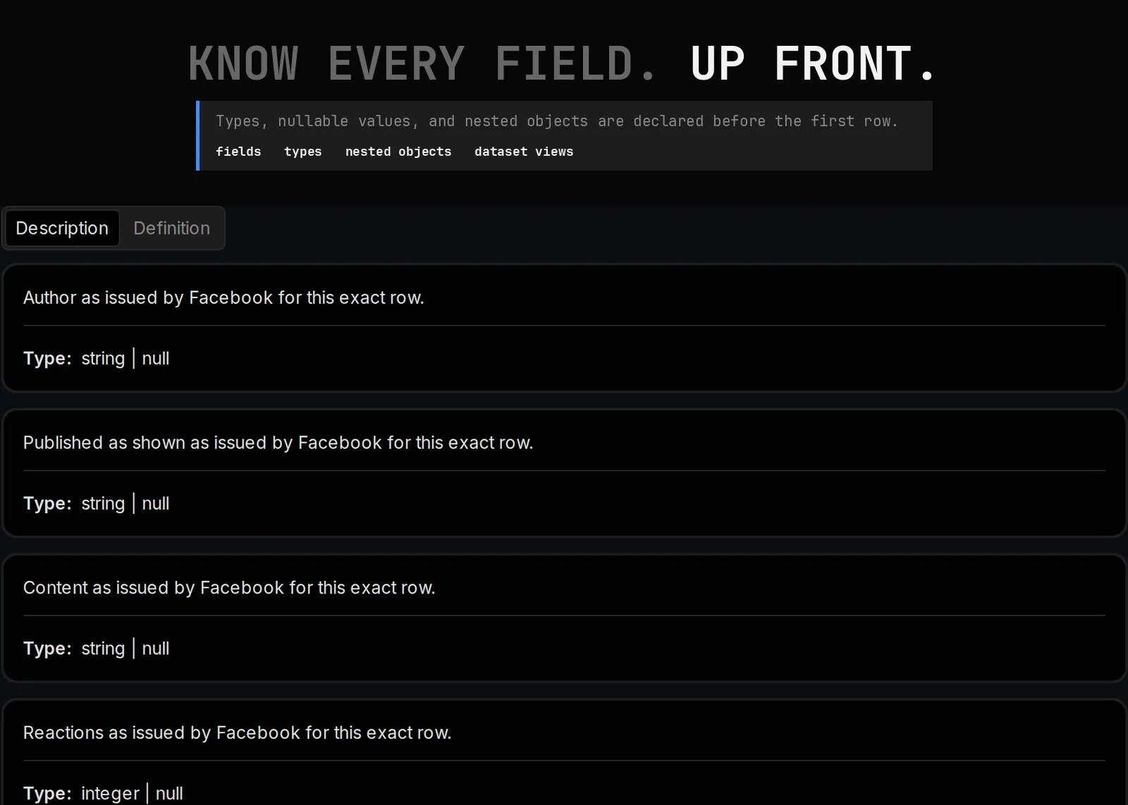 Facebook Post Scraper declared output schema