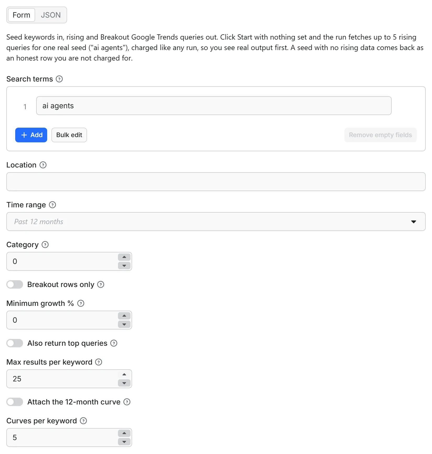 Rising Keywords Scraper input form in the Apify console: the seed keyword list with the location, time range, category and growth-filter fields below it