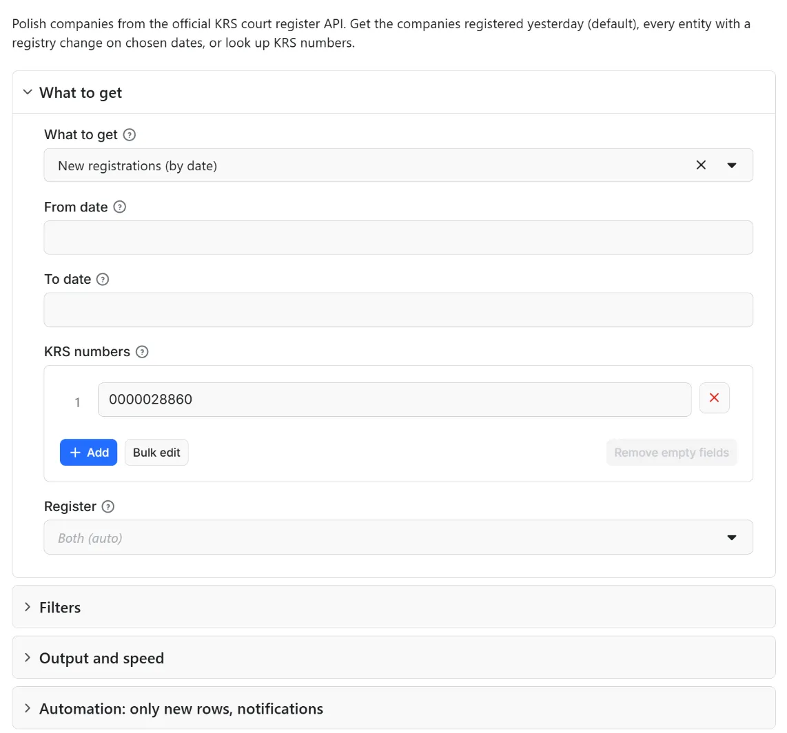 Input form of KRS Poland Companies Scraper: Register Data, PKD, Status