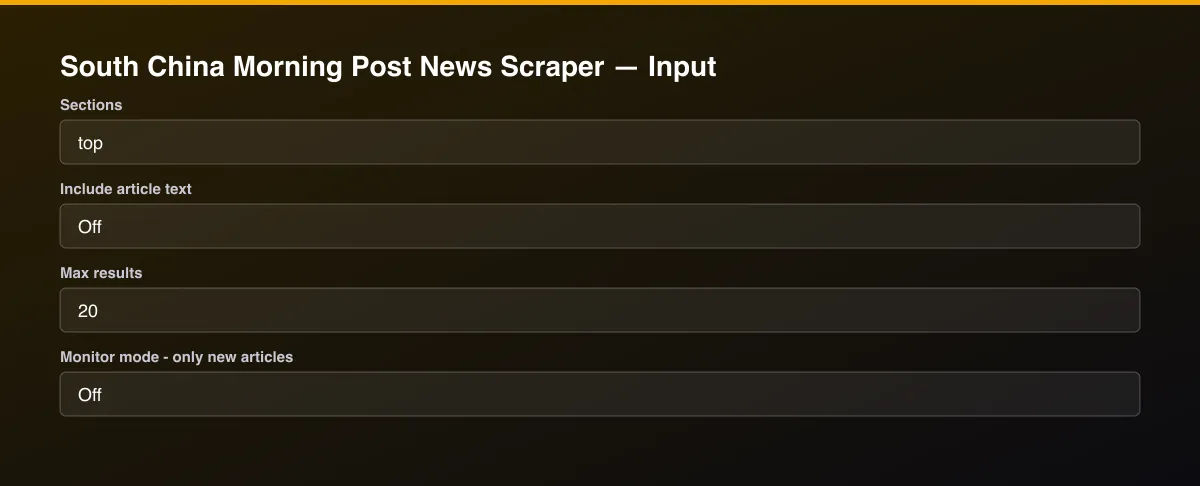 South China Morning Post News Scraper input form