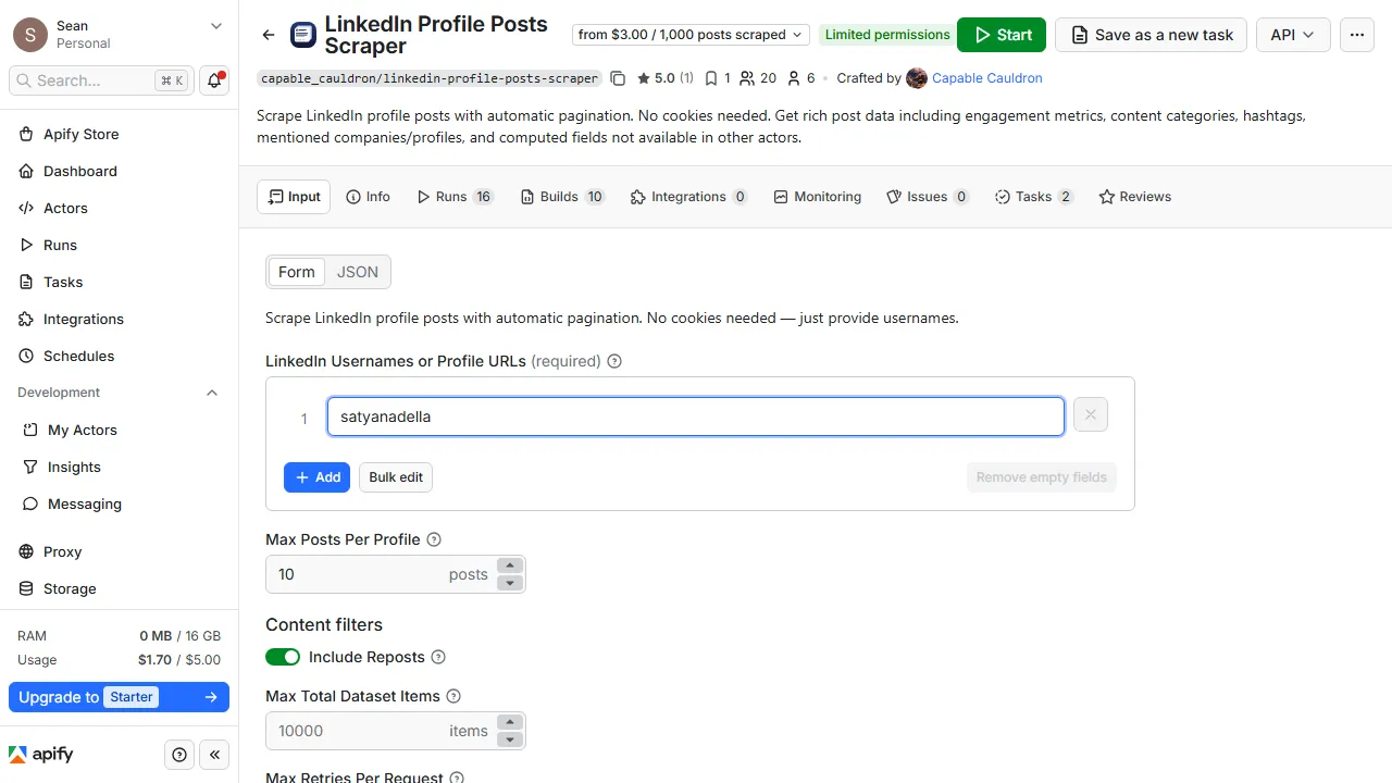 linkedin profile posts scraper input form