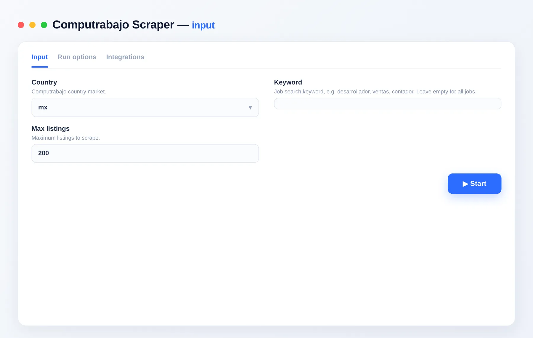 Computrabajo Scraper input — search query, country and options in the Apify Console