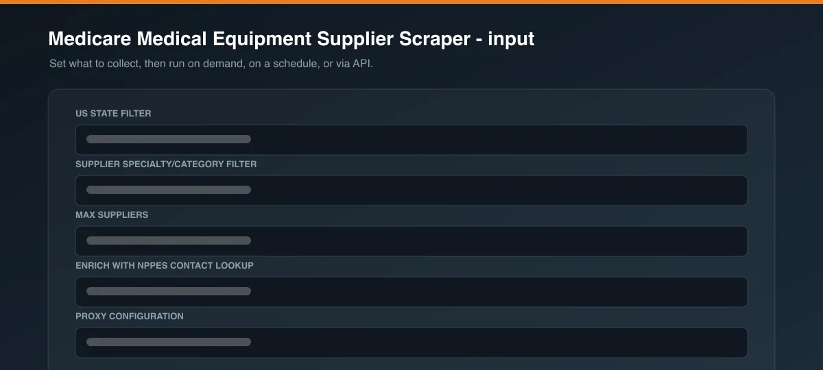 Medicare Medical Equipment Supplier Scraper input options