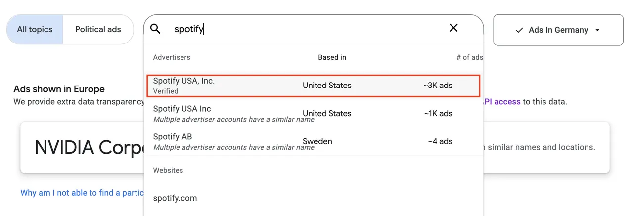 searching for an advertiser or domain directly