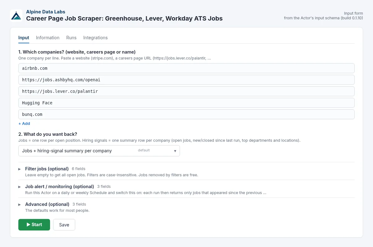 Career page job scraper input form: company websites or Greenhouse, Lever, Ashby and Workday board URLs