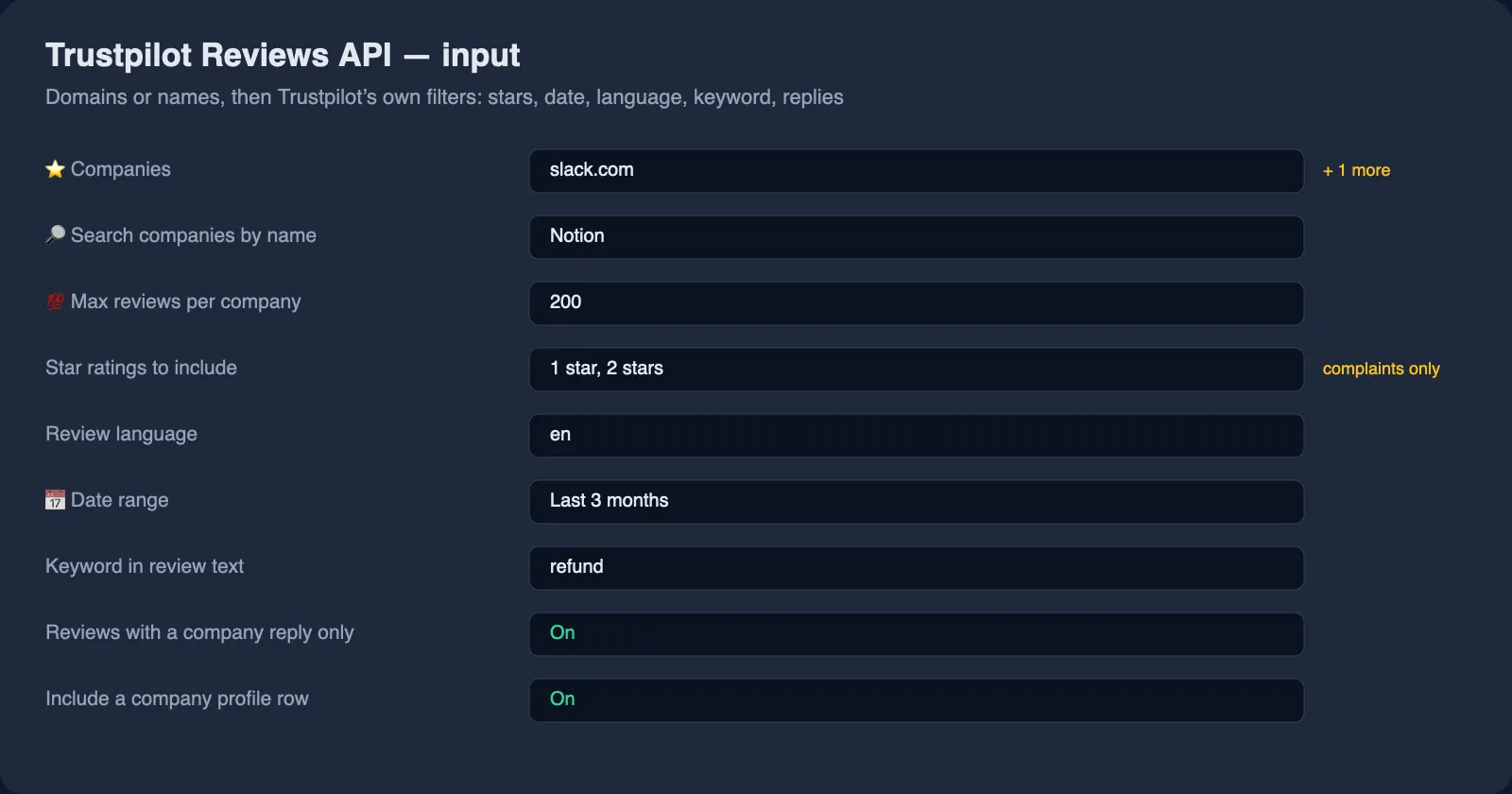 Trustpilot Reviews API input: company domains, name search, star, date, language and keyword filters