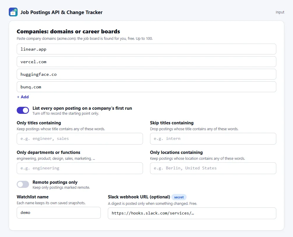 Input form of the Job Postings API and Change Tracker with company domains and filters