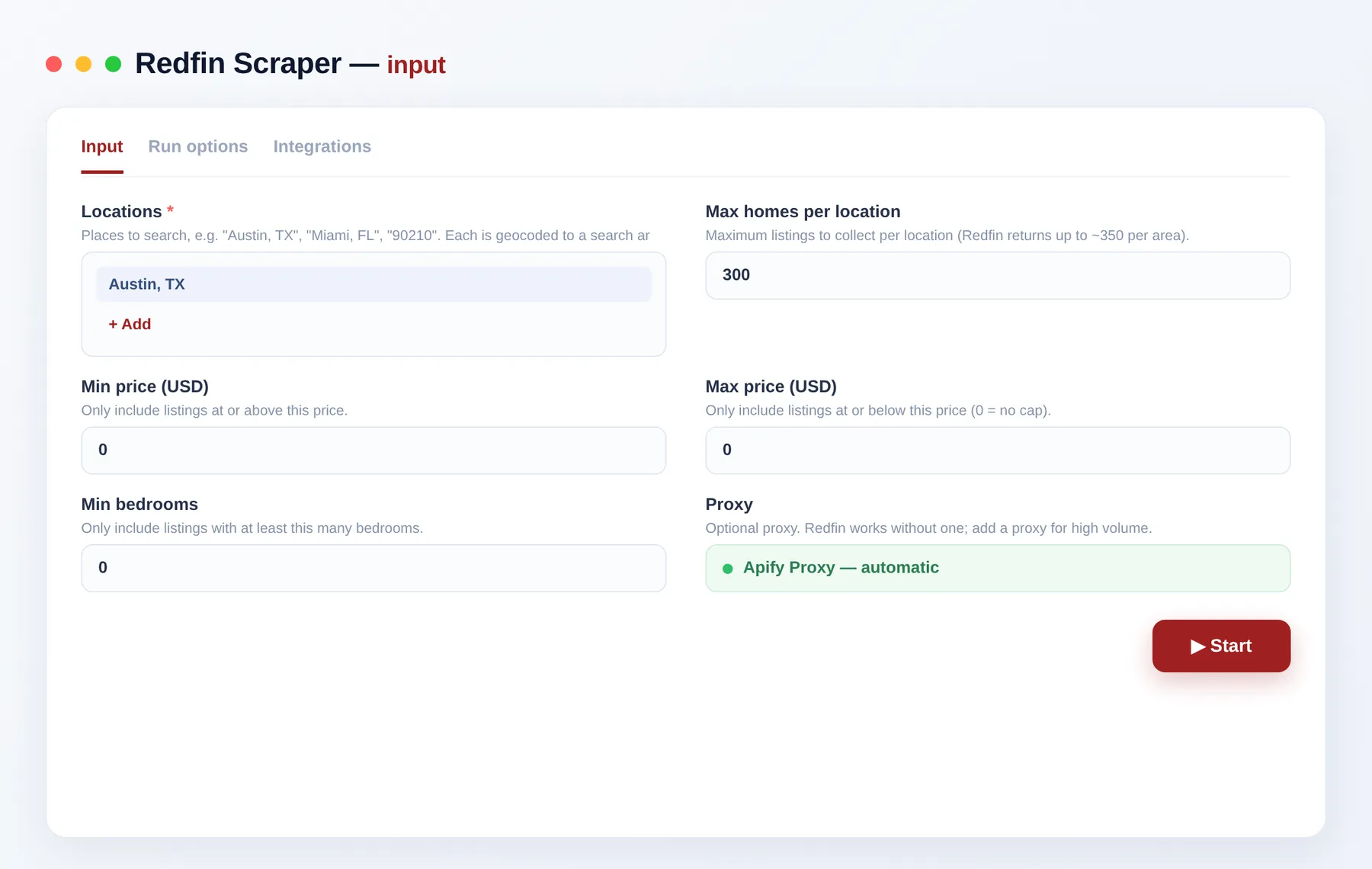 Redfin Scraper input — locations, max homes and price filters in the Apify Console