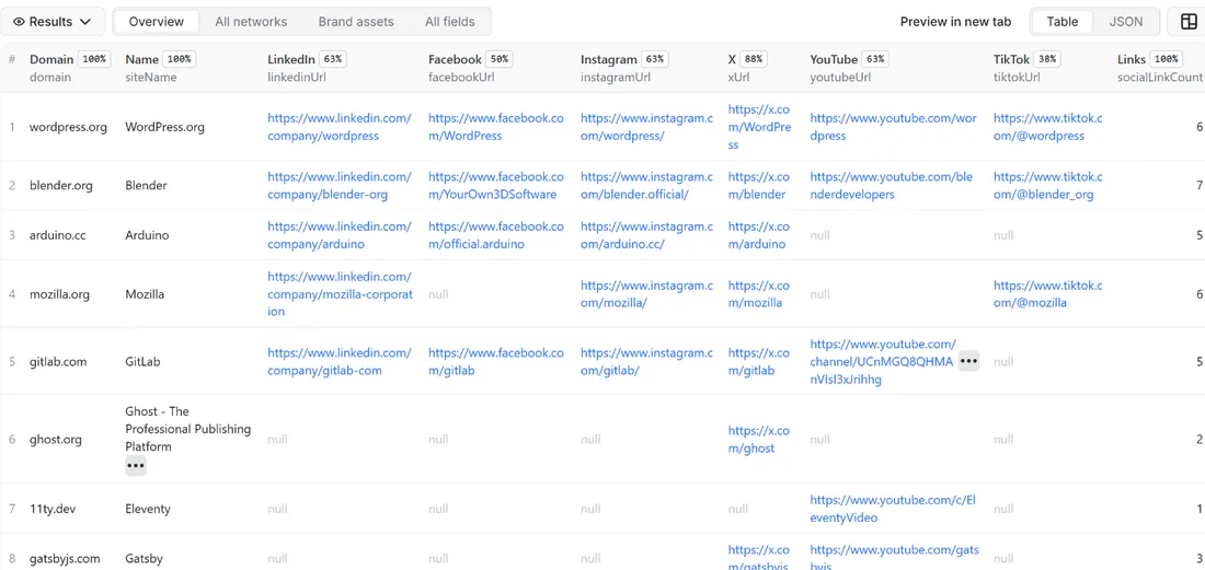 Results of Website Social Links Finder: Company Profiles API in the Apify dataset view