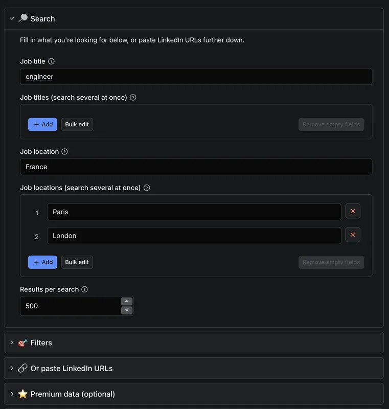 LinkedIn Jobs Scraper input — filter jobs by title, location, remote, experience level