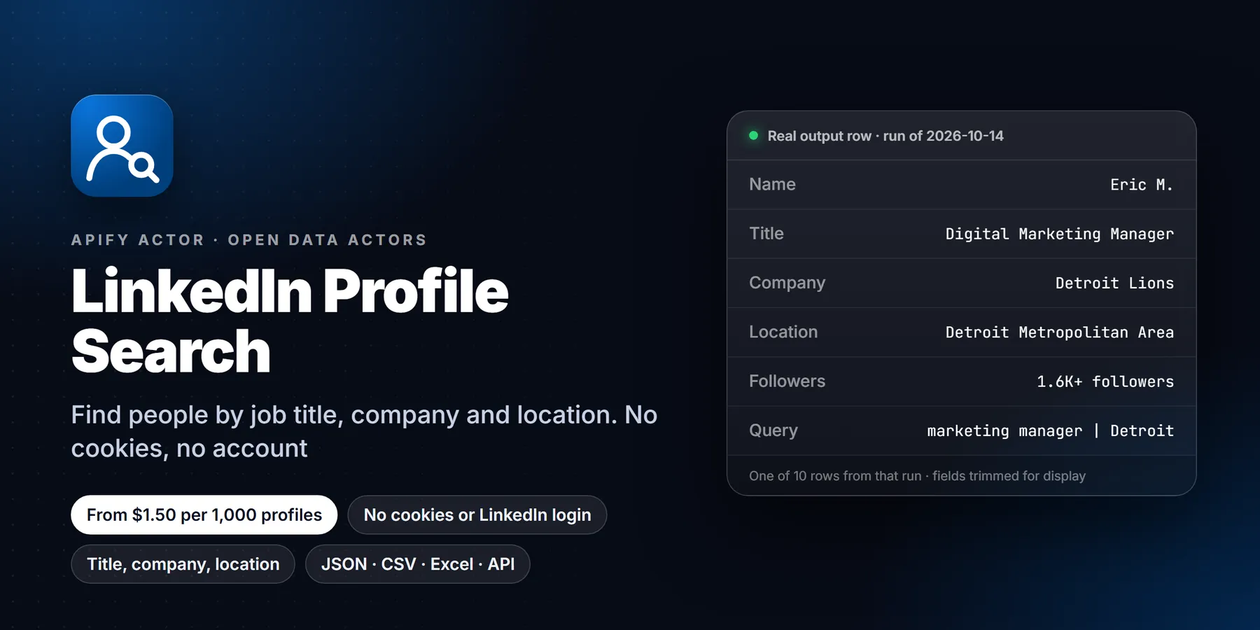 LinkedIn Profile Search: features, price and a real output row