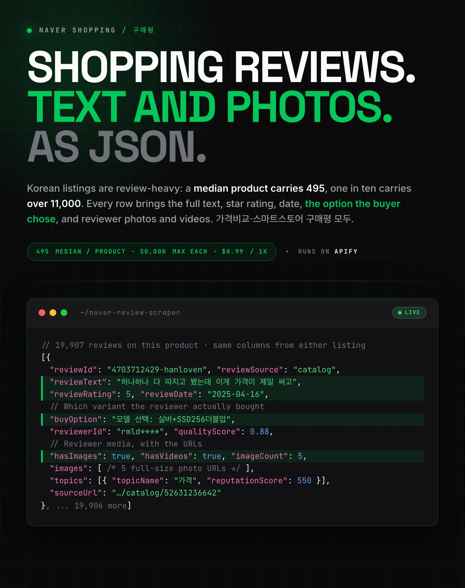 Naver Shopping (네이버 쇼핑) review scraper: full review text, star ratings, purchased option and reviewer photos and videos as structured JSON