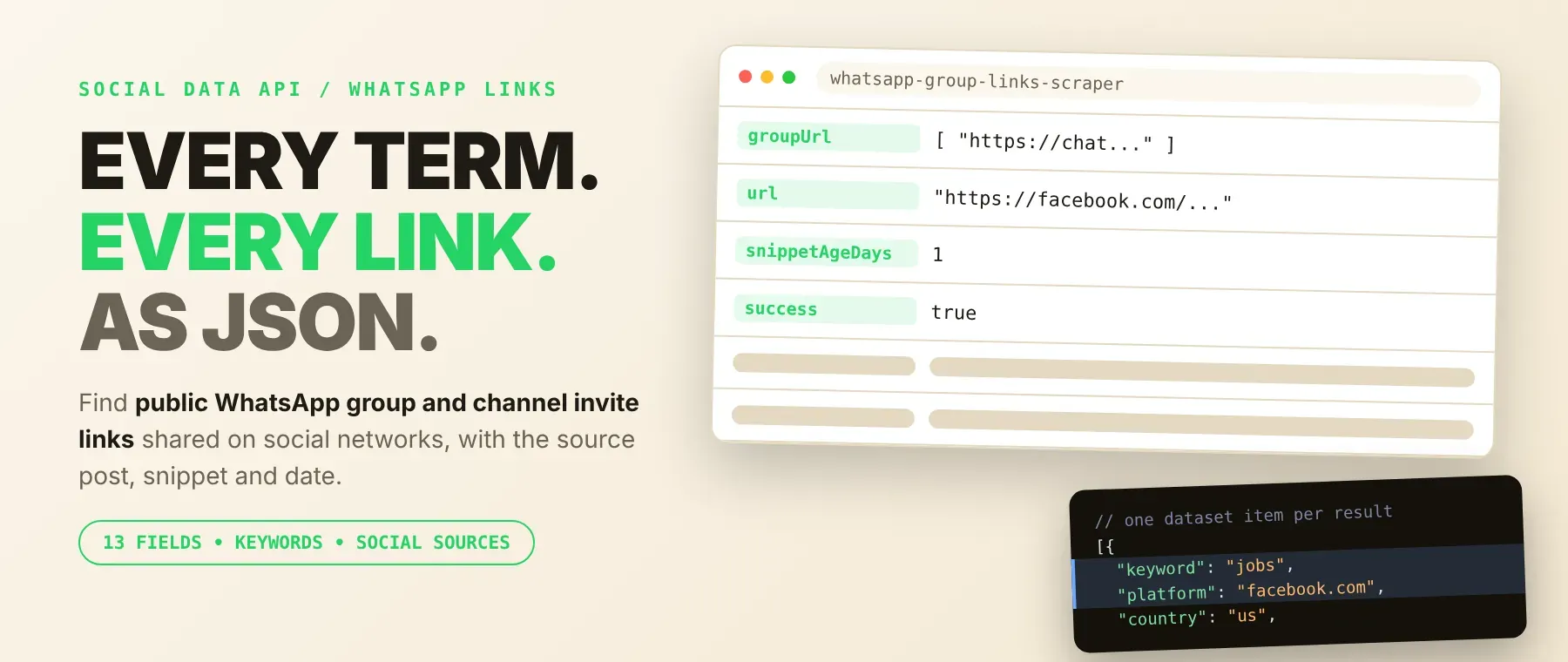 WhatsApp Group Links Scraper output as JSON: invite links, source post, snippet and date