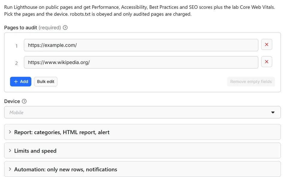 Input form of Lighthouse Audit API: Core Web Vitals and Performance Scores
