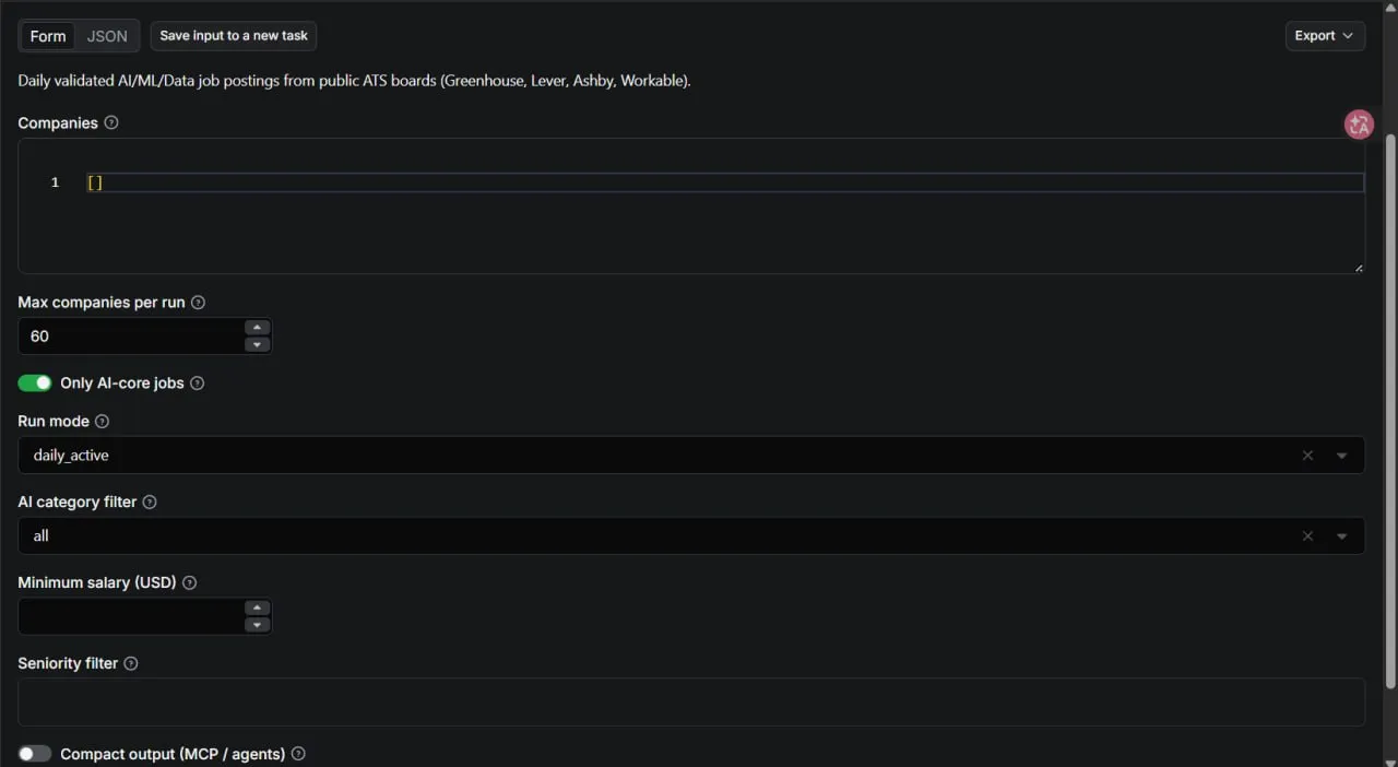 AI Jobs Daily input in Apify Console