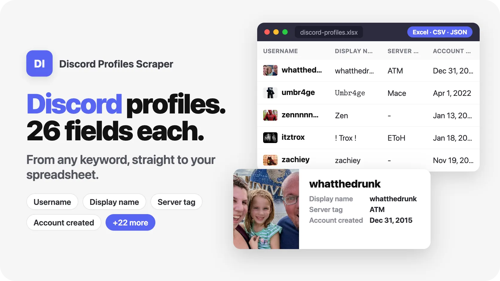 Discord profiles, 26 fields each, from any keyword.