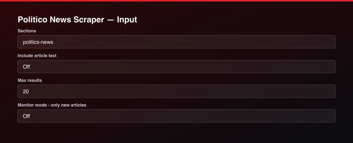 Politico News Scraper input form